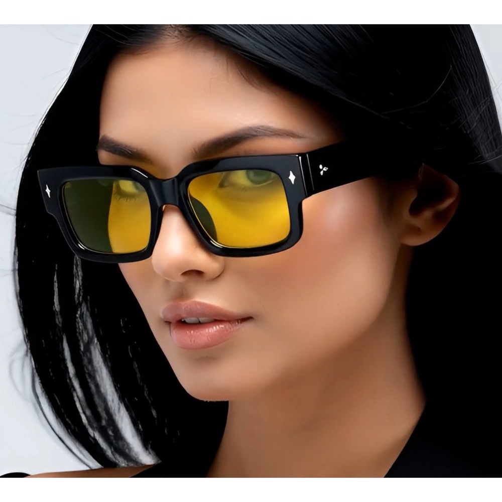 Bold Black Square Sunglasses Yellow Tinted Lenses Fashion Eyewear Women Gafas